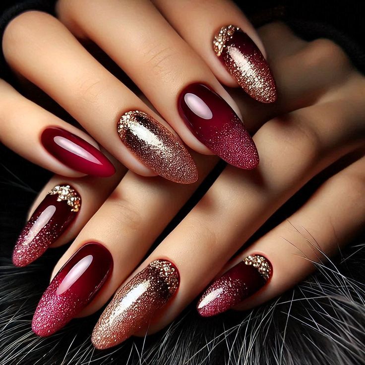 Ruby Red & Gold Glitter Luxury Nails – With Complete Application Kit